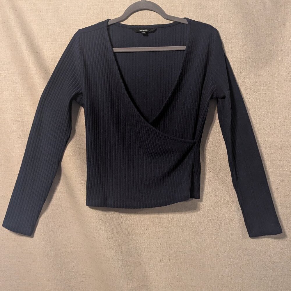 Saint & Sofia Wrap Knit Top Navy Long-Sleeved, Size 10